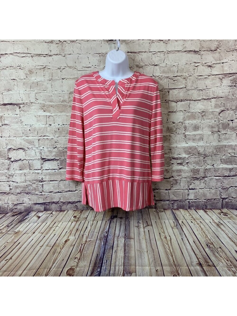 Talbots Pink White Striped V Neck 3/4 Sleeve Top